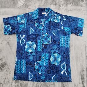 Vintage 50s Kelii's of Hawaii Shirt Mens M Blue White Barkcloth Cotton Hawaiian